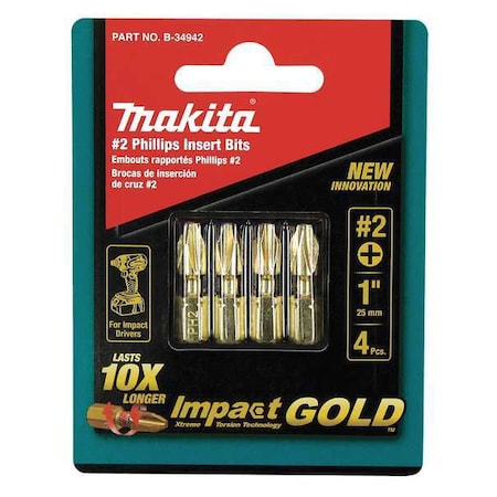 Insert Bit 1/4" Phillips #2 (4)#2Bit PK4 by USA Makita Screwdriver Bits