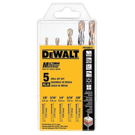 Drill Bit Set 5 Pcs by USA Dewalt Carbide Tipped Drill Bits