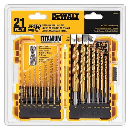 Drill Bit Set Titanium Speed Tip 21 pcs. by USA Dewalt Pilot Point Drill Bits