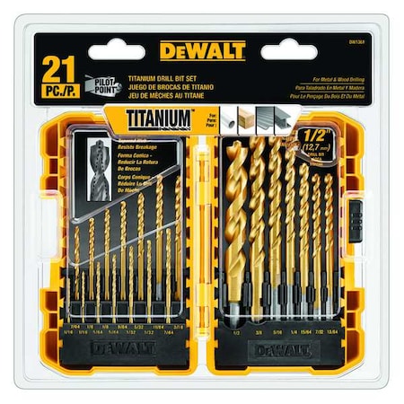 Drill Bit Set Titanium 21 pcs. by USA Dewalt Pilot Point Drill Bits