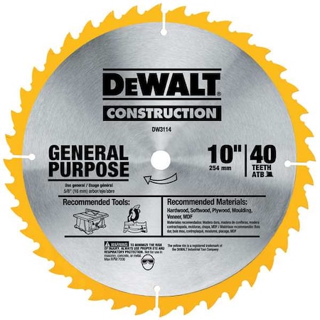 Circular Saw Bld Crbde 10 In 40 Teeth Type DW3114 by USA Dewalt Circular Power Saw Blades