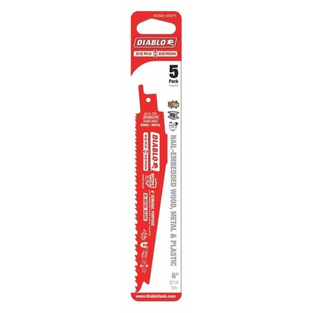 Saw Blade 6"Lx1"H 8/14 Teeth Per In. PK5 by USA Diablo Reciprocating Power Saw Blades