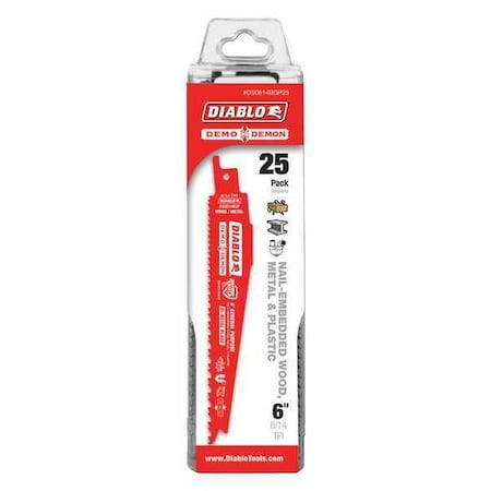 Blade 6" Lx 1" H 8/14 Teeth Per In. PK25 by USA Diablo Reciprocating Power Saw Blades