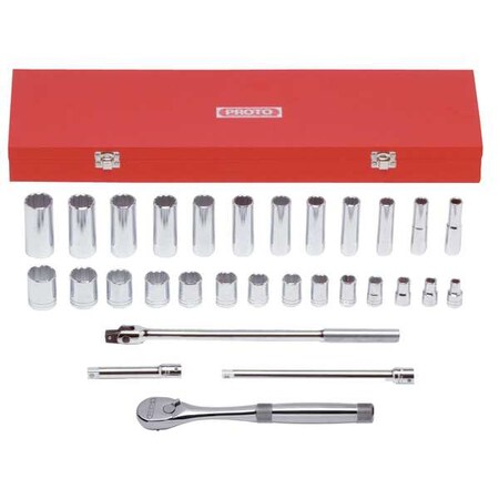 Socket Wrench Set SAE 1/2 in. Dr 30 pc Type J54126XL by USA Proto Socket Sets