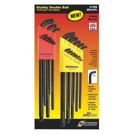 Double Ball End Hex Key Set L Shaped by USA Bondhus Hex Key Sets