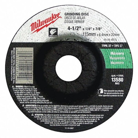 Grinding Disc 4 1/2"X1/4"X7/8" Min. Qty 10 Type 49 94 4570 by USA Milwaukee Rotary Tools & Accessories