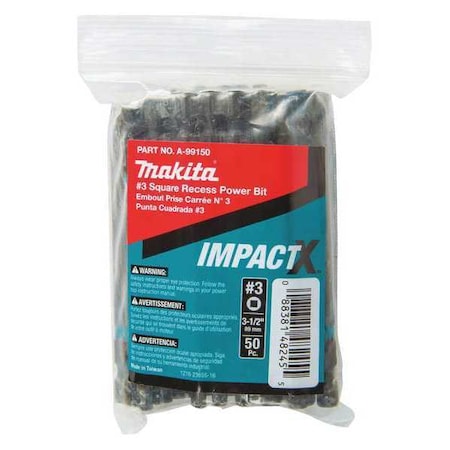 SQ3 Square Power Bit 3 1/2" PK50 by USA Makita Screwdriver Bits