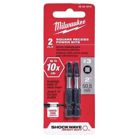 Insert Bit 1/4" Square Recess #3 2" PK2 by USA Milwaukee Screwdriver Bits